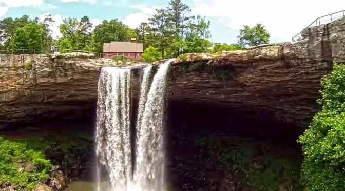 Breathtaking view of Noccalula Falls from a drone.